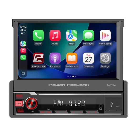 Power Acoustik PA-71WA 7" Single DIN Car Stereo with Wireless Apple CarPlay & Android Auto, Motorized Flip Out Screen
