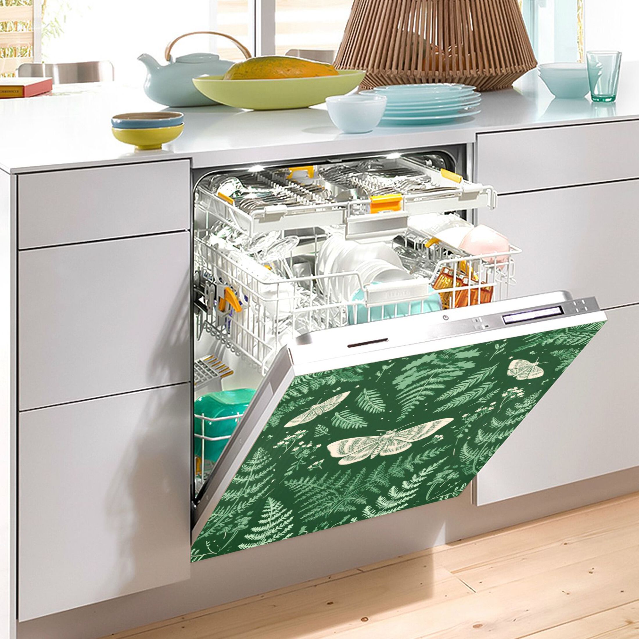 Dishwasher Magnetic Refrigerator Magnet Cover Sticker Home Decorative 23"x26" Green Ferns and Moths