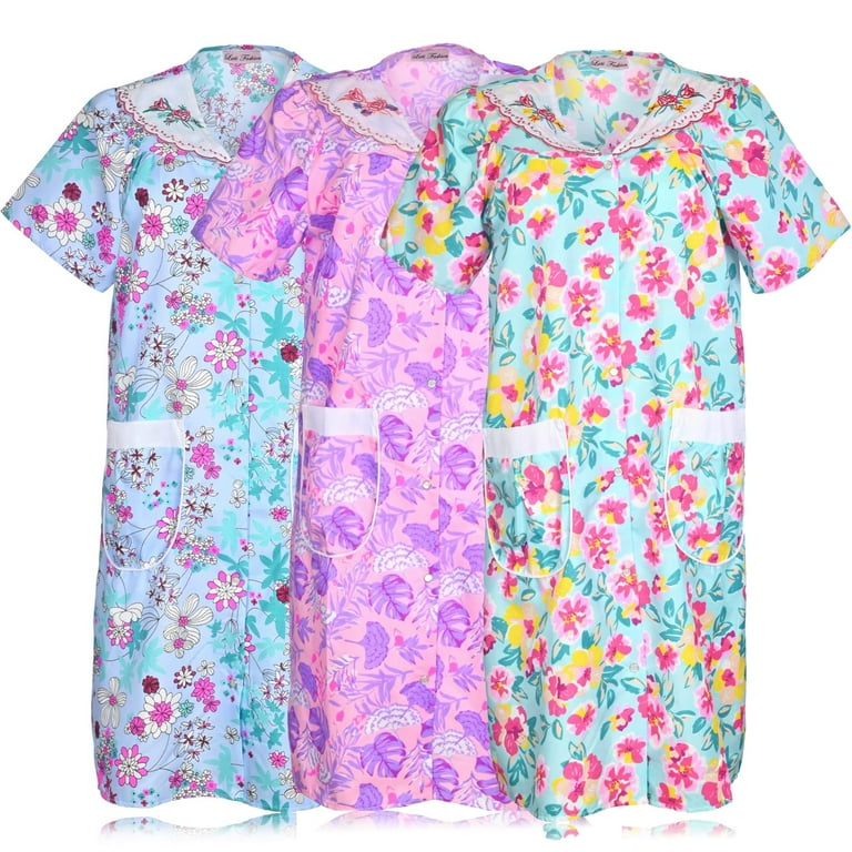 Jeffrico 3 Pack Womens Cotton House Dresses, Lightweight Short Sleeve,  Pockets, Snap Front - Walmart.com