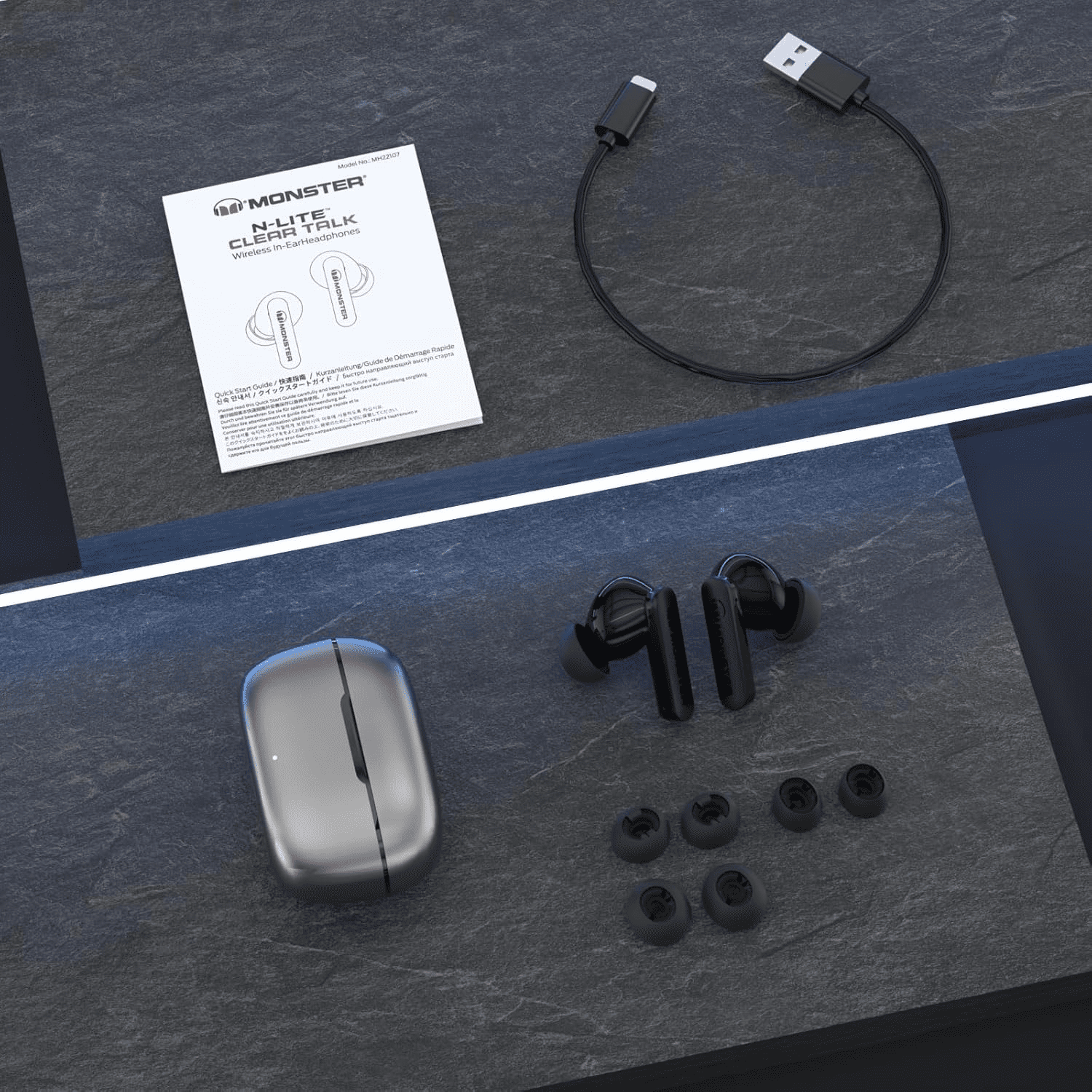 Monster N-Lite Clear Talk Wireless Earbuds Bluetooth 5.3 Headphones, IPX8 Waterproof in-Ear Stereo Earphones 60H Playtime, with Fast Charging for Sport, Bright Silver