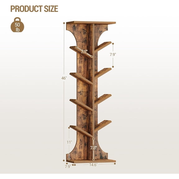 Tree Bookshelf, 11 Tier Narrow Bookcase, Display Shelf, Book Organizer, Small Floor Standing Book Shelf for Bedroom, Living Room, Home Office, Rustic Brown BC01601X