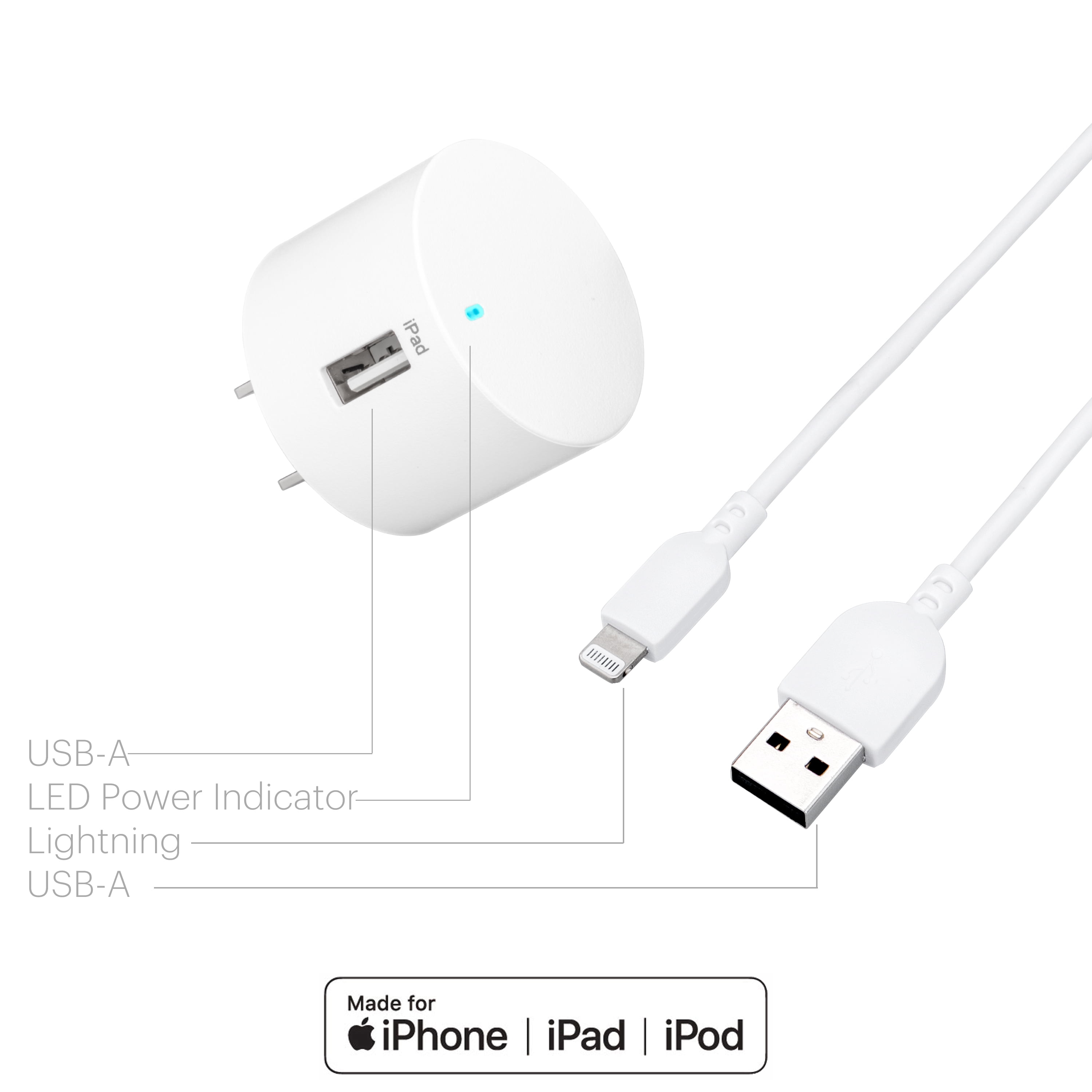 onn. Wall Charging Kit with Lightning to USB Cable, White
