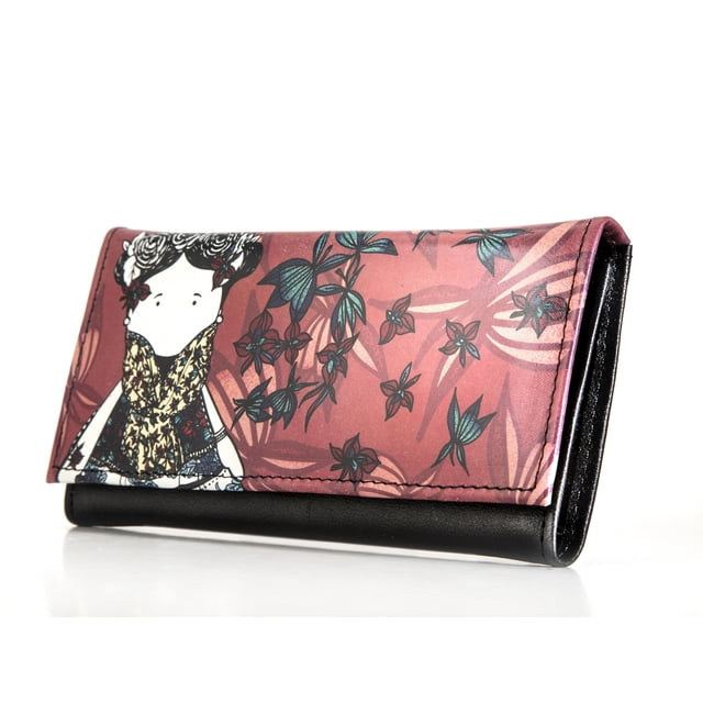 Cartera para Mujer de Piel Genuina con Muñeca Impresa Azul