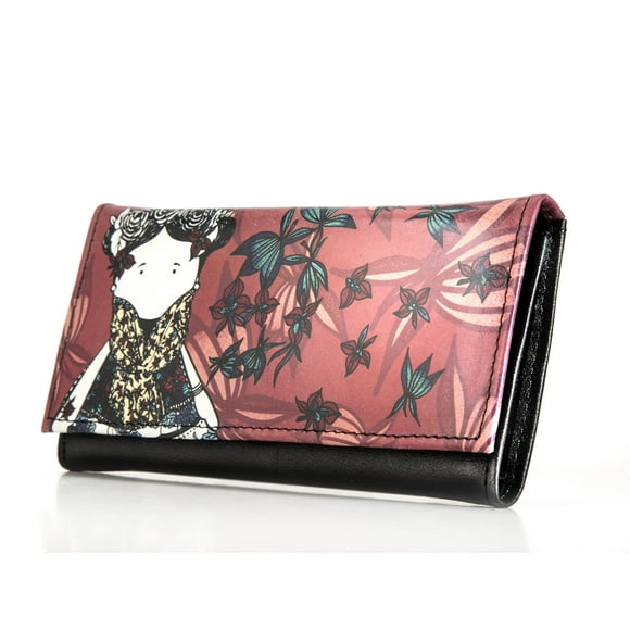 Cartera para Mujer de Piel Genuina con Muñeca Impresa Azul
