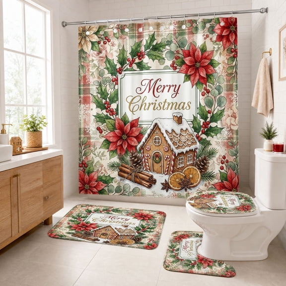Christmas Home Winter Bathroom Decor Set with Non-Slip Rugs, Toilet Lid Cover and Non-Slip U Shape Bath Mat, Bathroom Sets with Hooks