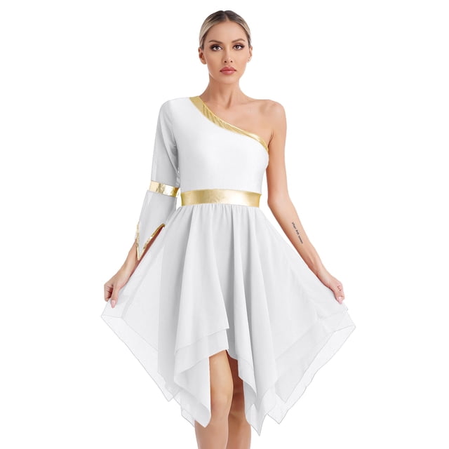 RUNQHUI Robe de Danse Métallique pour Femmes, une Épaule, Manches Évasées, Tenue de Danse Liturgique, Tunique de Danse de Culte, Blanc P
