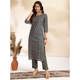 thumbnail image 3 of Janasya Indian Women's Teal Cotton Paisley Printed Kurta with Pant Set, 3 of 5