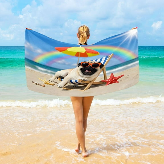 Ryvnso Pug Dog Beach Beach Towel Quick Dry Swimming Yoga Beach Towels Large Sand Free Microfiber Towel 31"W x 71"L