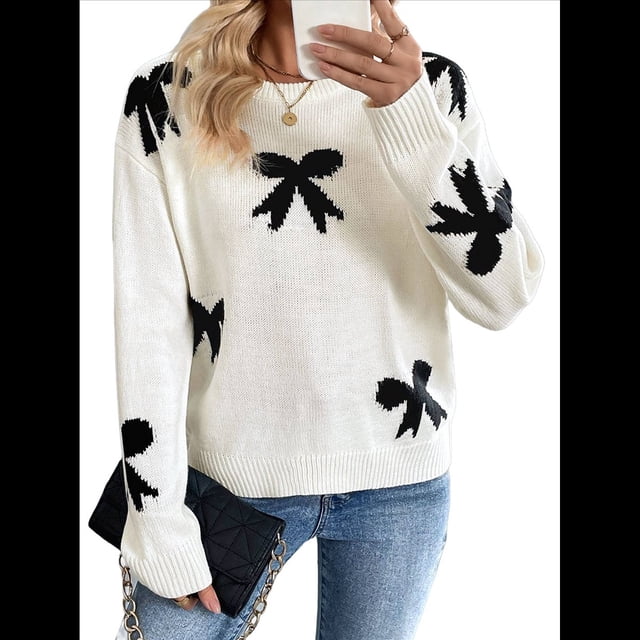 Suéter de Mujer Estilo Dulce Niña, Cuello Redondo, Jacquard, Larga, Otoño e Invierno Crema M