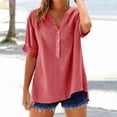 thumbnail image 5 of Pxiakgy Linen Shirts for Women Loose Button Shirt Top Stand Solid Color Sleeve Collar Casual Women's Shirt Button Down Shirts Cotton Linen Roll Up Sleeve Tops V Neck Casual Loose Fit Blouses Orange M, 5 of 8