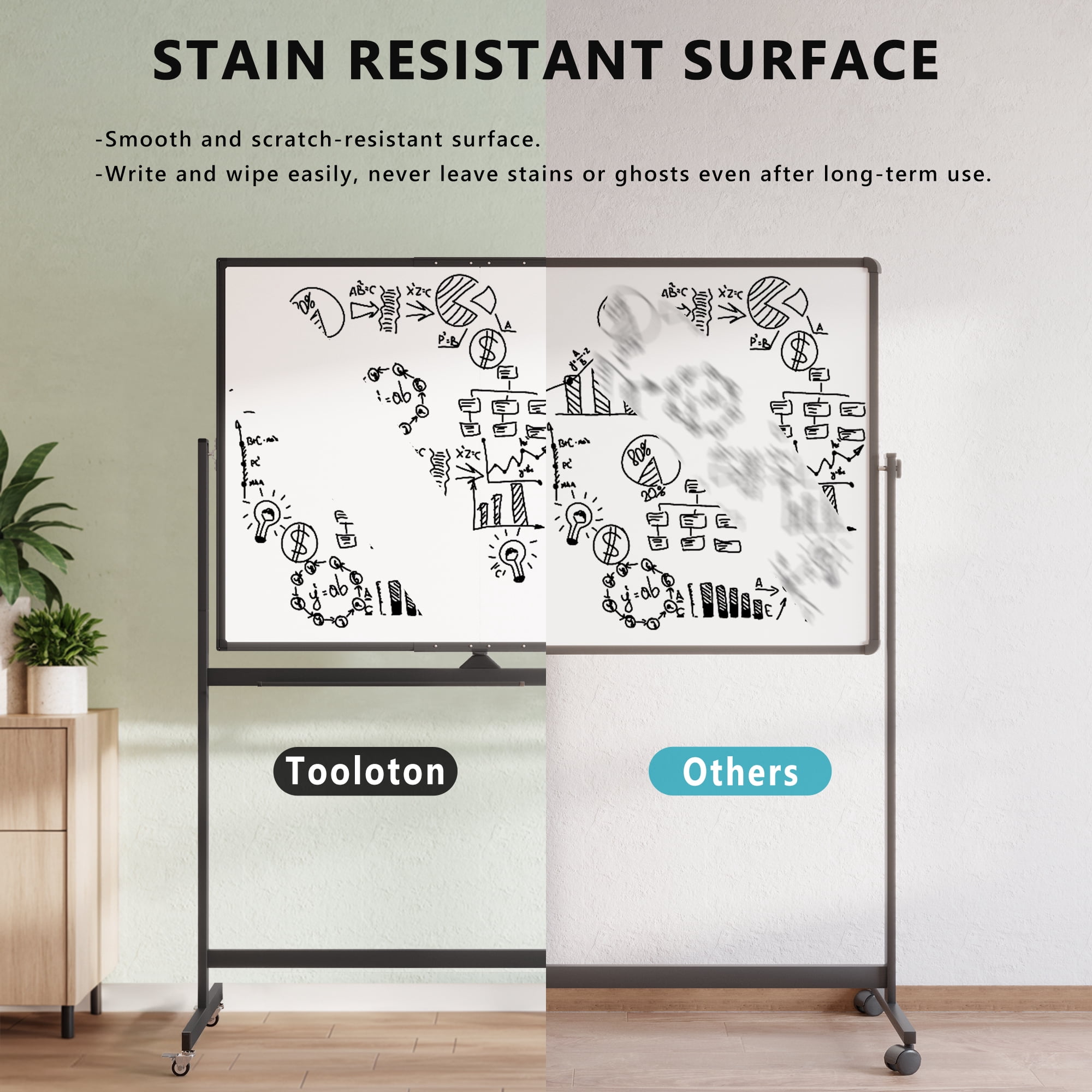 Tooloton Large Rolling Whiteboard on Wheels, 48 x 36 Inches with Stand, 4' x 3' Magnetic Dry Erase Board Easel, Black