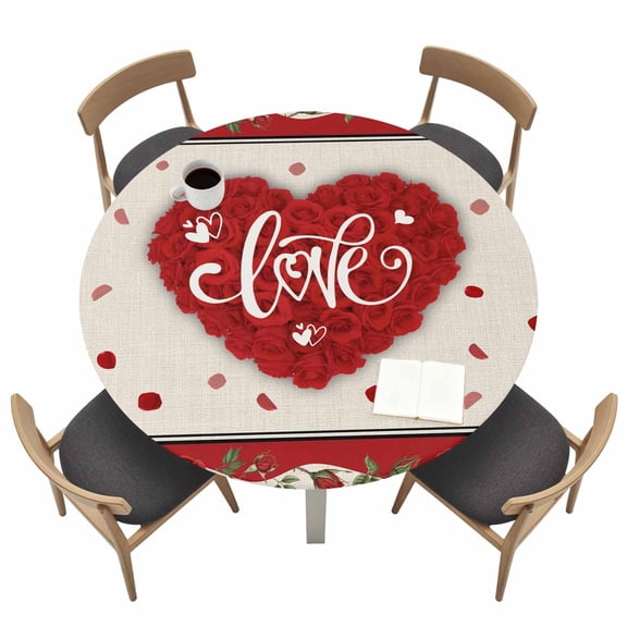 Red Valentine's Day Fitted Tablecloth with Elastic Edged, Round Table Cloth for Dining Table, Love Heart Roses Romantic Rustic Waterproof Oil Proof Table Cover for Indoor Outdoor 36"-44"