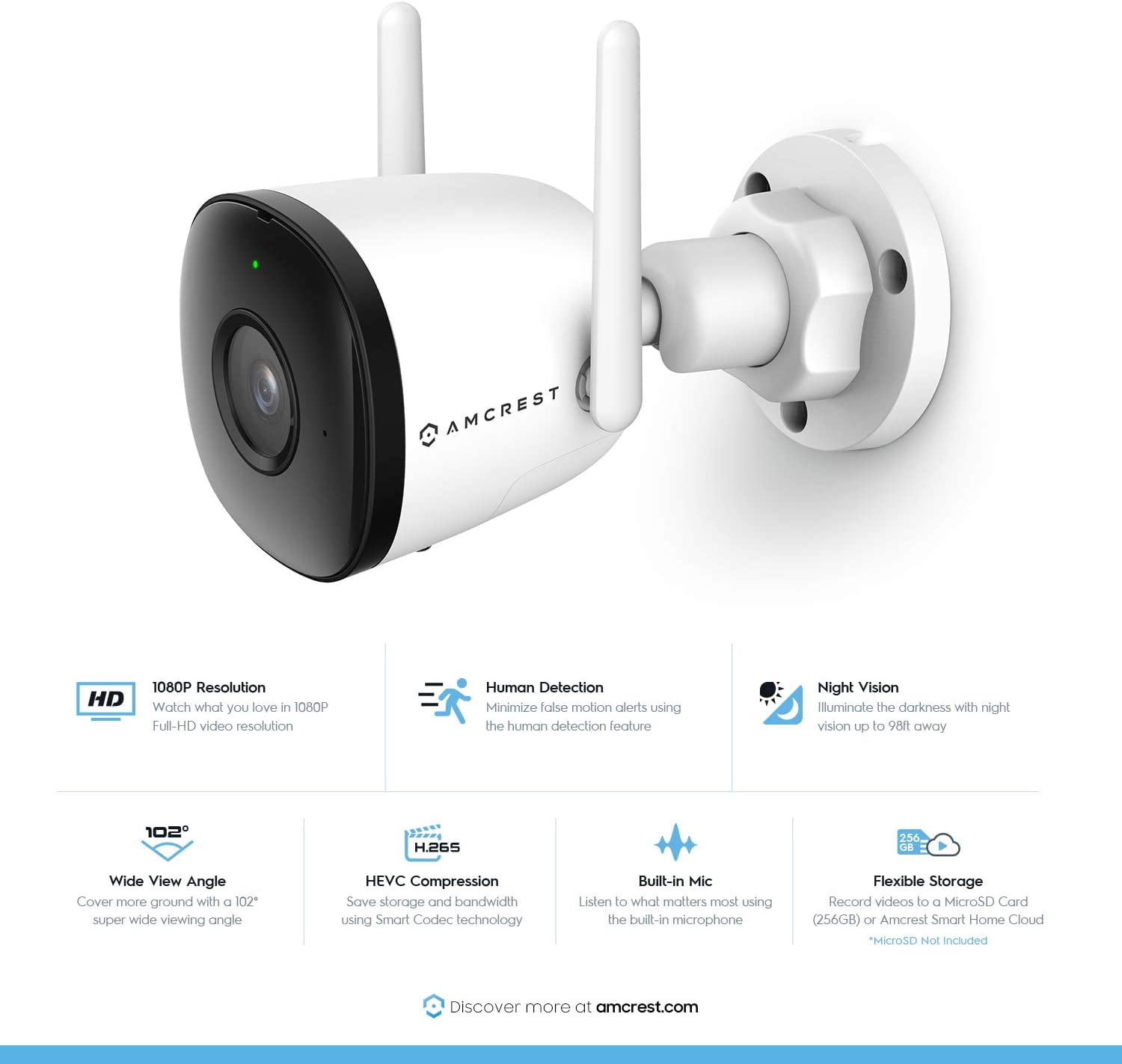 Pre-Owned Amcrest 1080P WiFi Camera Outdoor, Smart Home 2MP Bullet IP Security Camera Outdoor Wireless, 98ft Nightvision, Built-in Mic, 256GB MicroSD Storage (Sold Separately), ASH22-W (Wired Power)
