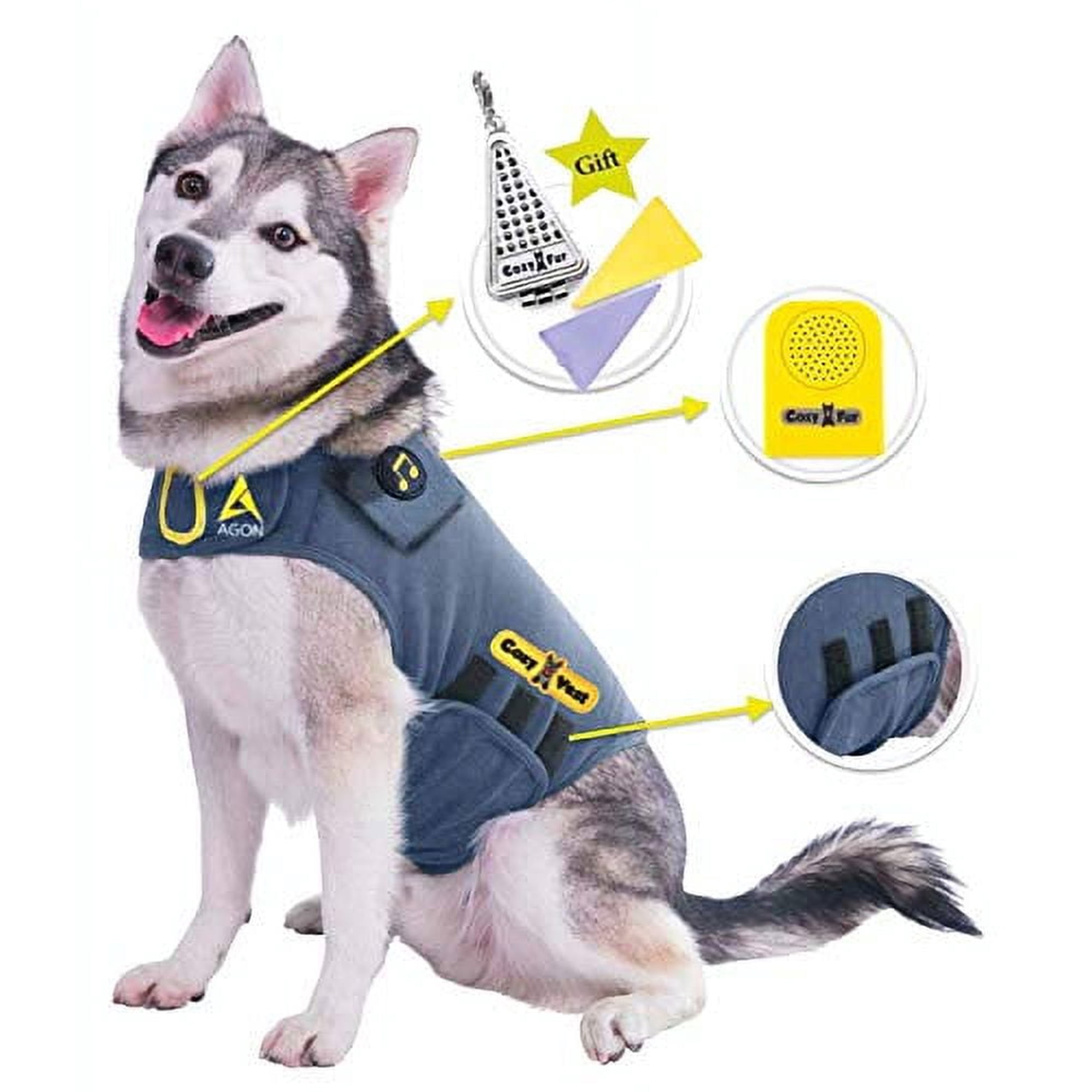 CozyVest Dog Anxiety Vest 3-in-1 Music & Aromatherapy Coat Relaxing Sound & Essential Oil Scent Canine Stress Relief Fireworks Thunder Separation Shirt Jacket Thunderstorm (Gray, Large [41-64 Lbs])