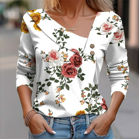 Craaazy T Shirts For Women Retro Floral Print Button Blouses Tunic Square Neck 3/4 sleeve Tops Gifts For Women