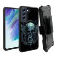 thumbnail image 1 of ANJ+ Rugged Dual Layer Hybrid Holster Kickstand Case w/ Card Slot + Tempered Glass Cover for Samsung Galaxy S21 FE 5G - Chained Skull, 1 of 3