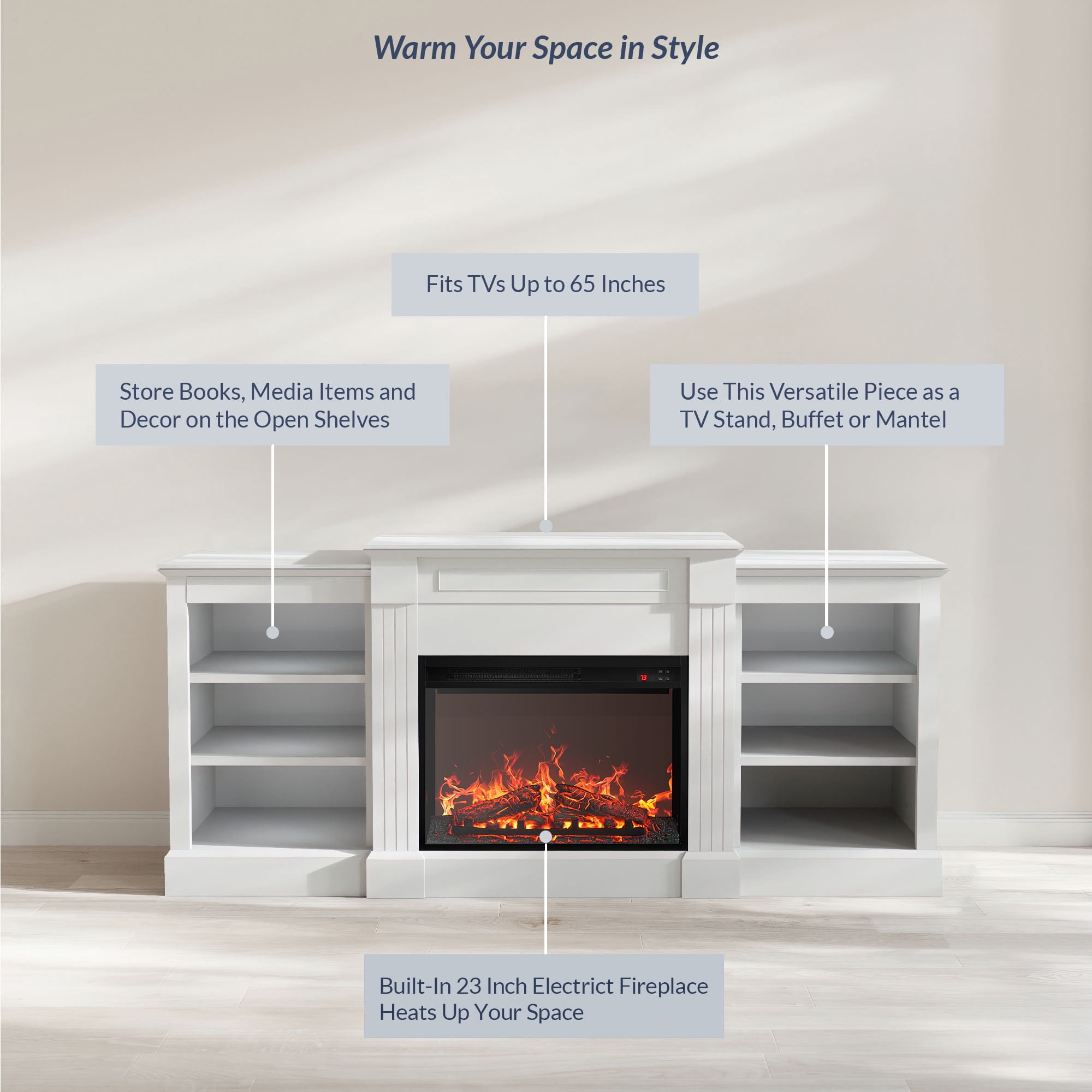 BELLEZE 66" Mantel TV Stand Entertainment Center For TVs up to 66" with 23" Fireplace - Lenore (White)