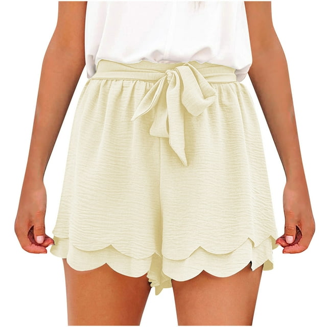 BLVB Shorts Fluides pour Femmes à Taille Haute Élastique avec Ourlet à Volants, Couleur Unie