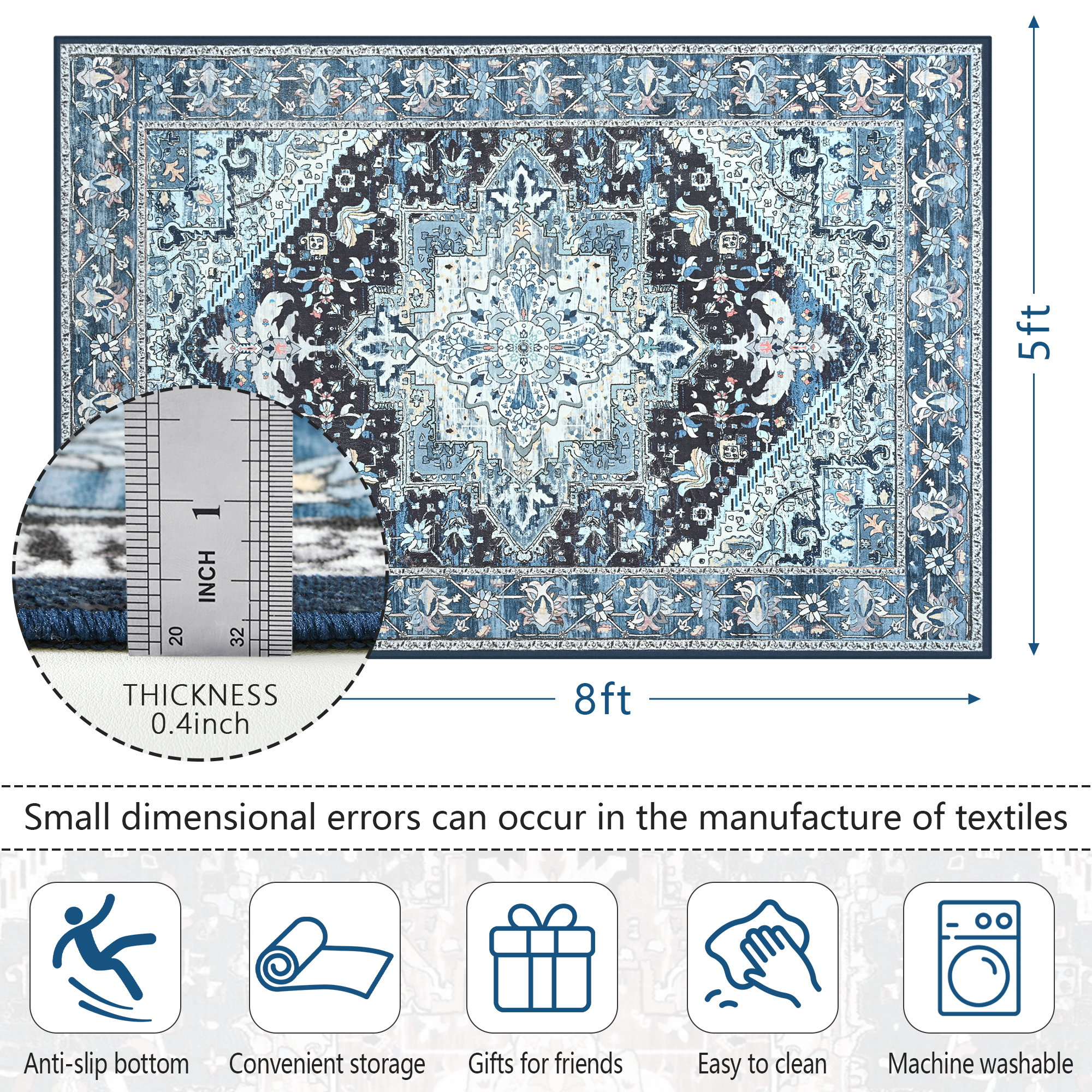 Homore Vintage Boho Oriental Medallion Area Rug, 5' x 8', Blue