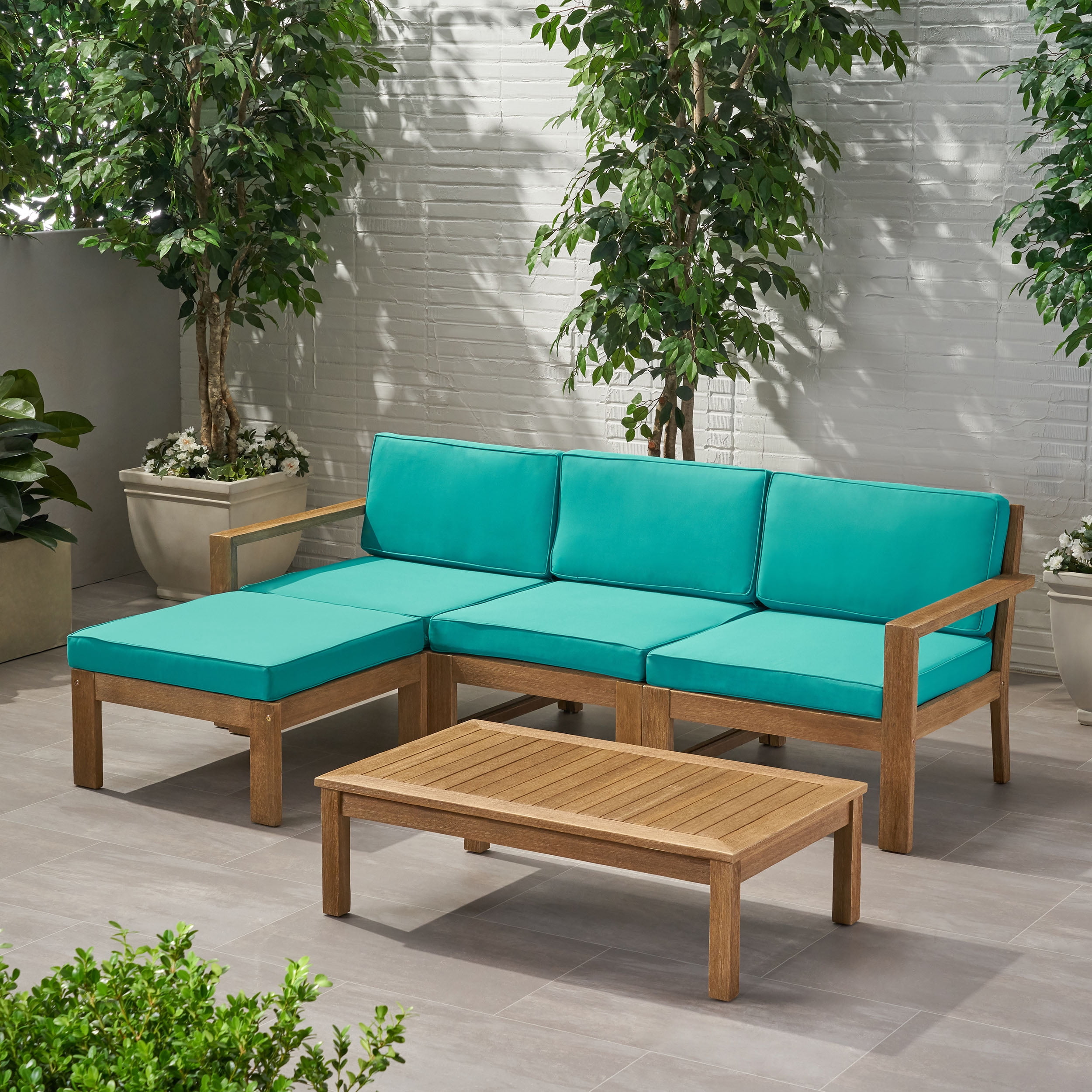 Faviola Ana Outdoor 3 Seater Acacia Wood Sofa Sectional with Cushions, Light Brown and Teal