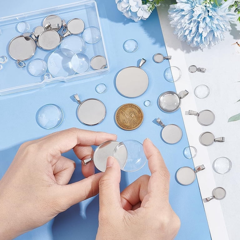 UNICRAFTALE 18 Sets Cabochon Pendant Making Kit - 16mm Stainless Steel Trays & Glass Cabochons, 3 Colors, DIY Jewelry