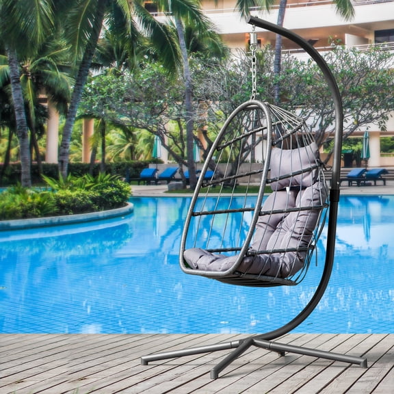 Outdoor Hanging Egg Chair with Cushion and Stand, Wicker Swing Chair w/ Hanging Kits, Durable All-Weather UV Rattan Lounge Chair for Bedroom, Patio, Deck, Yard, Garden, 350lbs, Grey, S444