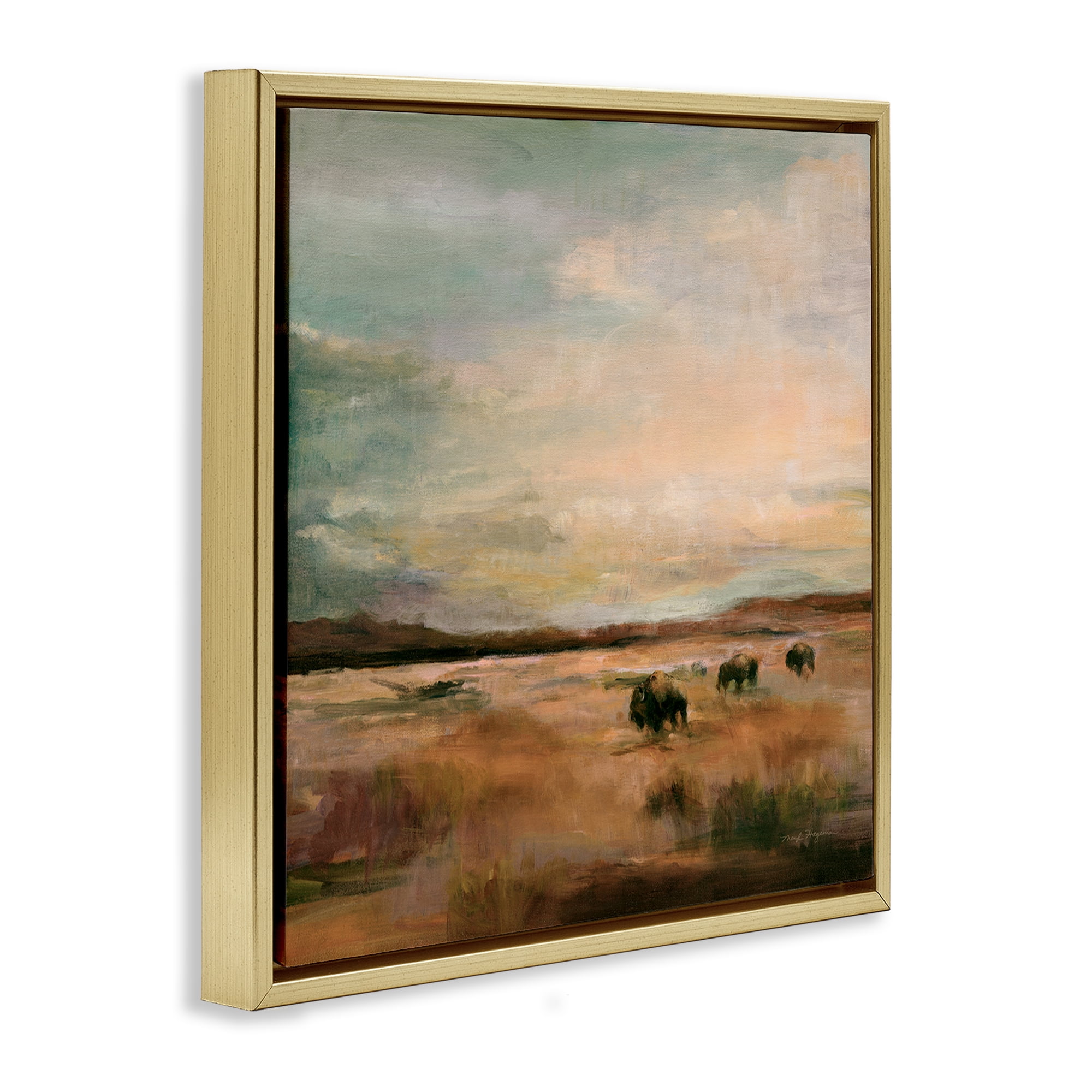 Stupell Industries Buffalo Under Big Sky Landscape & Nature Painting Gold Floater Framed Canvas Art Print Wall Art, 18 x 18