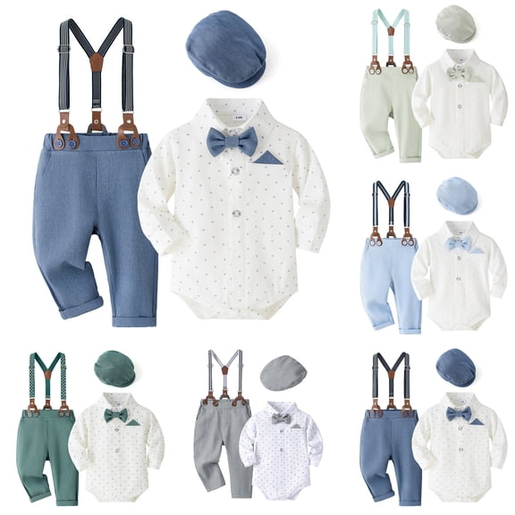GCETTIC Baby Boy Clothes Set Infant Gentleman Outfits Romper Bearer Beret Hat Suspenders Bowtie Suits 3-6 Months