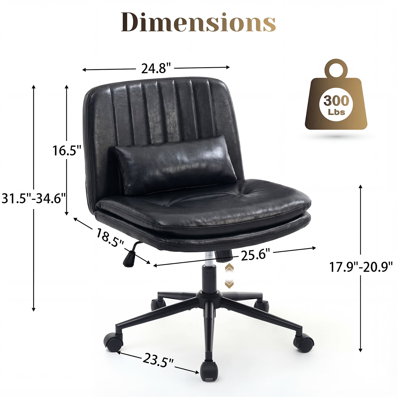 IPKIG Armless Criss Cross Office Chair w/ Lumbar Support, Adjustable Swivel PU Leather Desk Chair for Home Office, Makeup Vanity & Living Room, Black