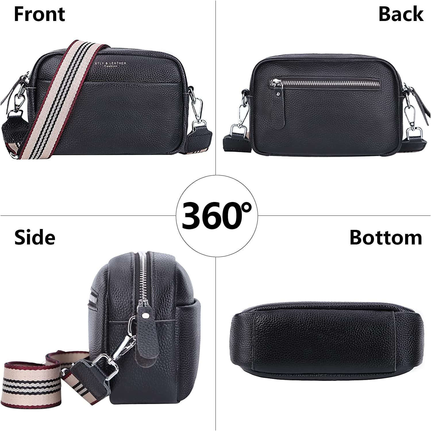 Yuanbang Crossbody Bag Women's Bum Bag Leather with Wide Shoulder Strap, Small Shoulder Bag with Zip and Interchangeable Shoulder Strap for Travel