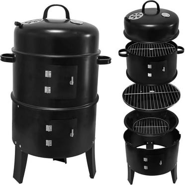 SOPTY Charcoal Smoker 3-in-1 Outdoor, Portable Charcoal BBQ Grill with Smoker Combo, Built-in Thermometer and Air Vent, 2 Layers Vertical Steel Charcoal Smoker for Outdoor Cooking Camping, Black