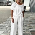 thumbnail image 5 of Womens Casual Cotton Linen Blend Outfit Round Neck Short Sleeve Drawstring Top Elastic Waist Wide Leg Pants with Pockets Solid Color Loungewear Set White L(L), 5 of 6