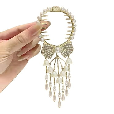 Mosey Lady Ponytail Claw Shiny Rhinestone Faux Pearl Long Tassel Flower Multi Teeth Stainless Hair Decoration Lightweight Bridal Hair Bun Clipper Hair Accessories
