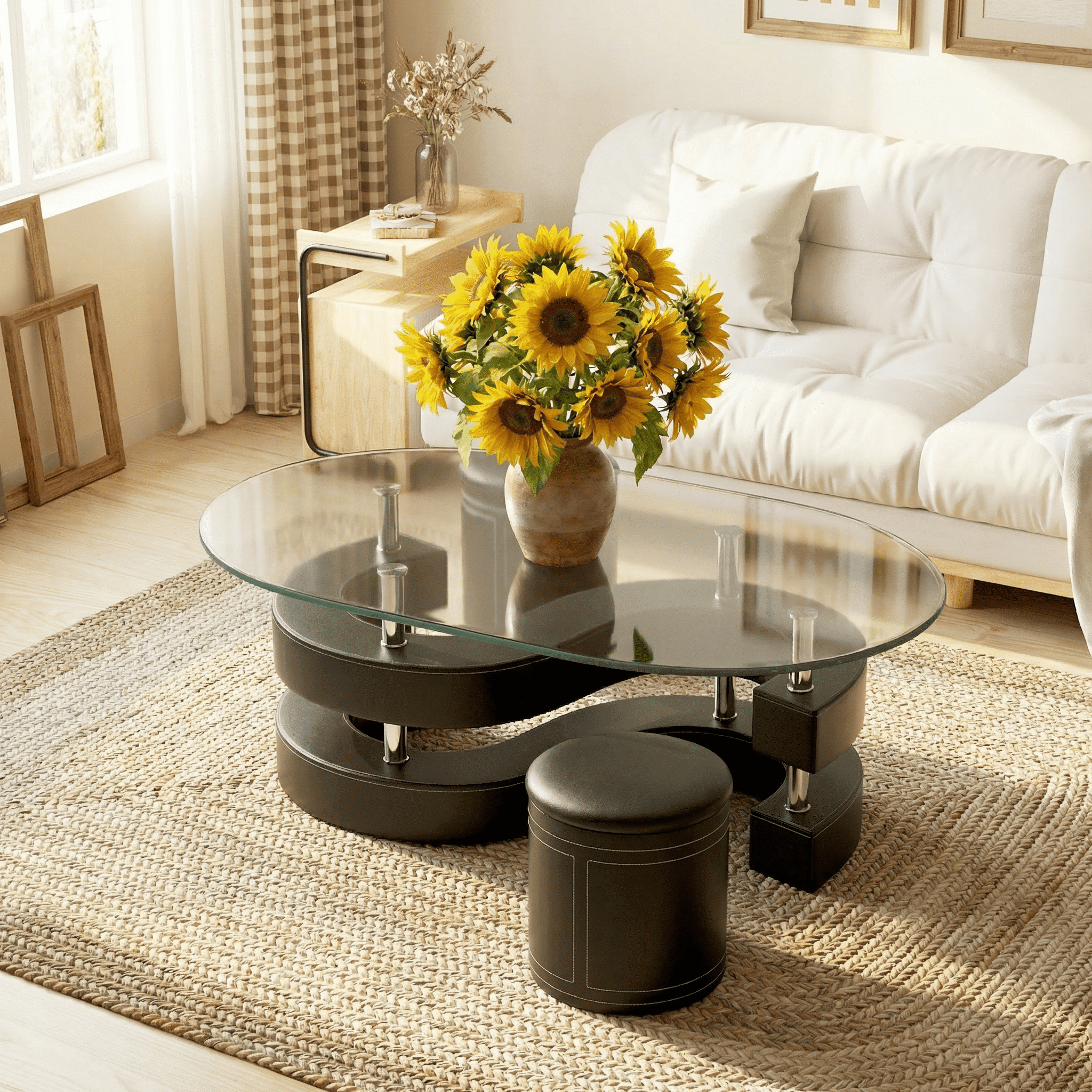 3 Pieces Coffee Table Set, 0.39" Tempered Glass Top and S Shape Base, Oval Modern Coffee Table with 2 Leather Stools, Accent Coffee Table for Living Room Bedroom