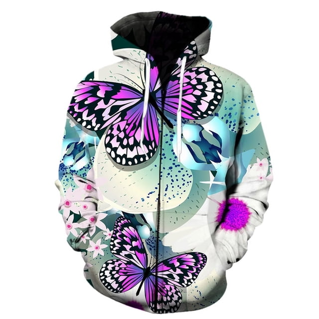 Fashion Men's 3D Print Zipper Hoodeds Sweatshirt Cartoon butterfly pattern Hoodie Fall Spring Casual Hooded Pullover