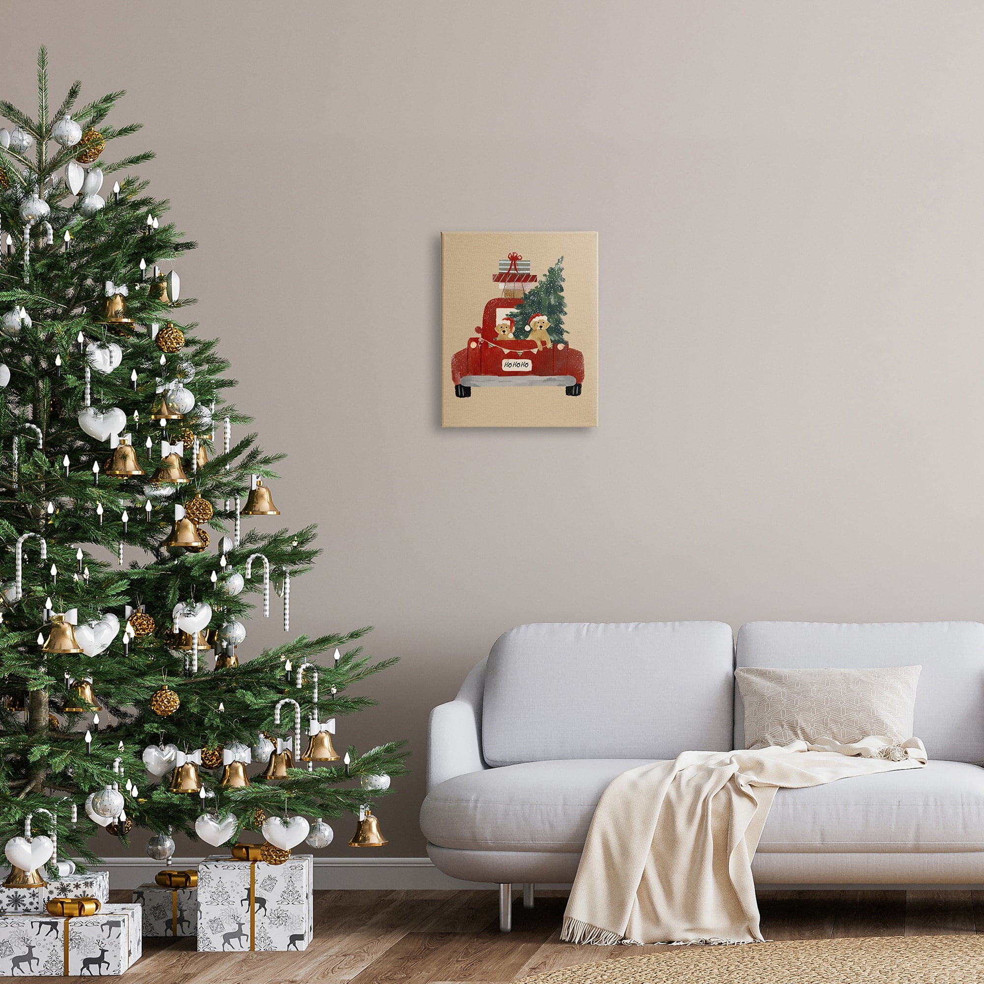 Dogs Wearing Festive Hats Christmas Tree Truck Animals & Insects Painting Gallery-Wrapped Canvas Print Wall Art