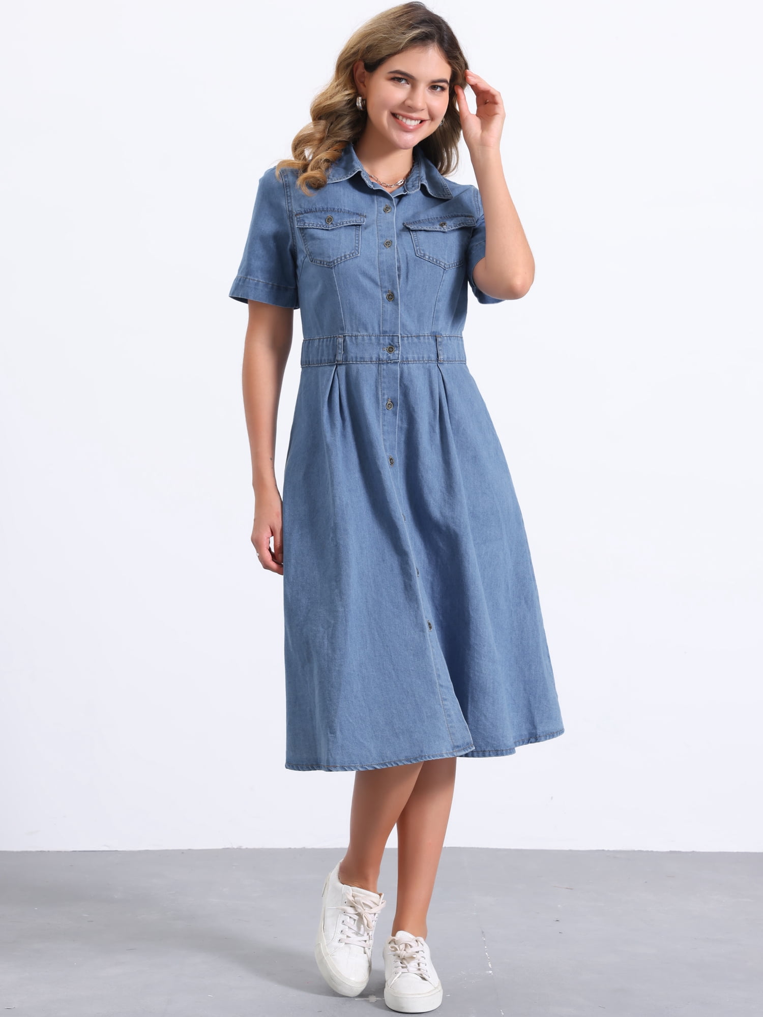 DARING DIVA Denim Collared Short Sleeve A-Line Midi Dress L Light Blue