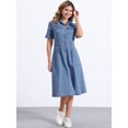 thumbnail image 4 of DARING DIVA Denim Collared Short Sleeve A-Line Midi Dress L Light Blue, 4 of 6