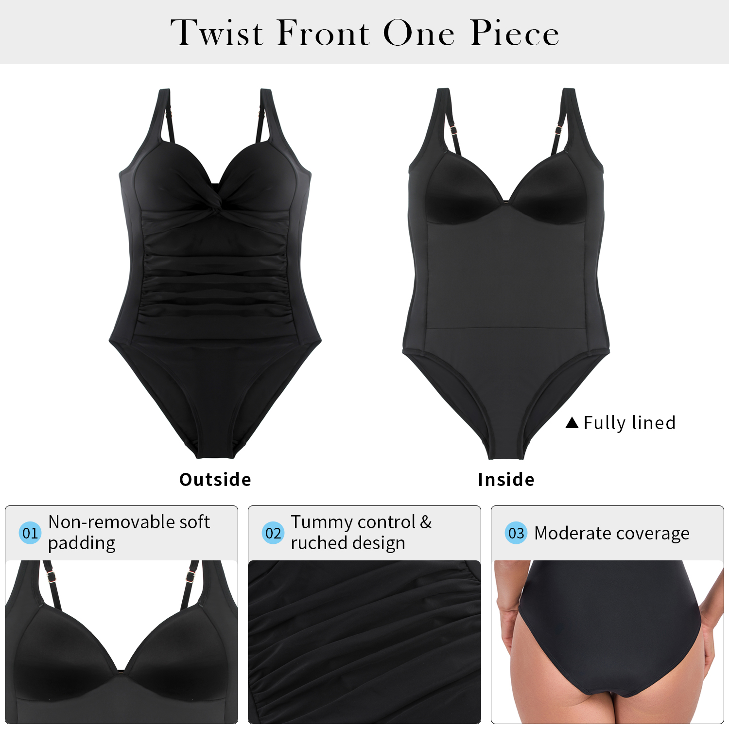 RELLECIGA Women's Twist Front One Piece Swimsuit for Lady Ruched Tummy Control One Piece Bathing Suits for Women Black Size L