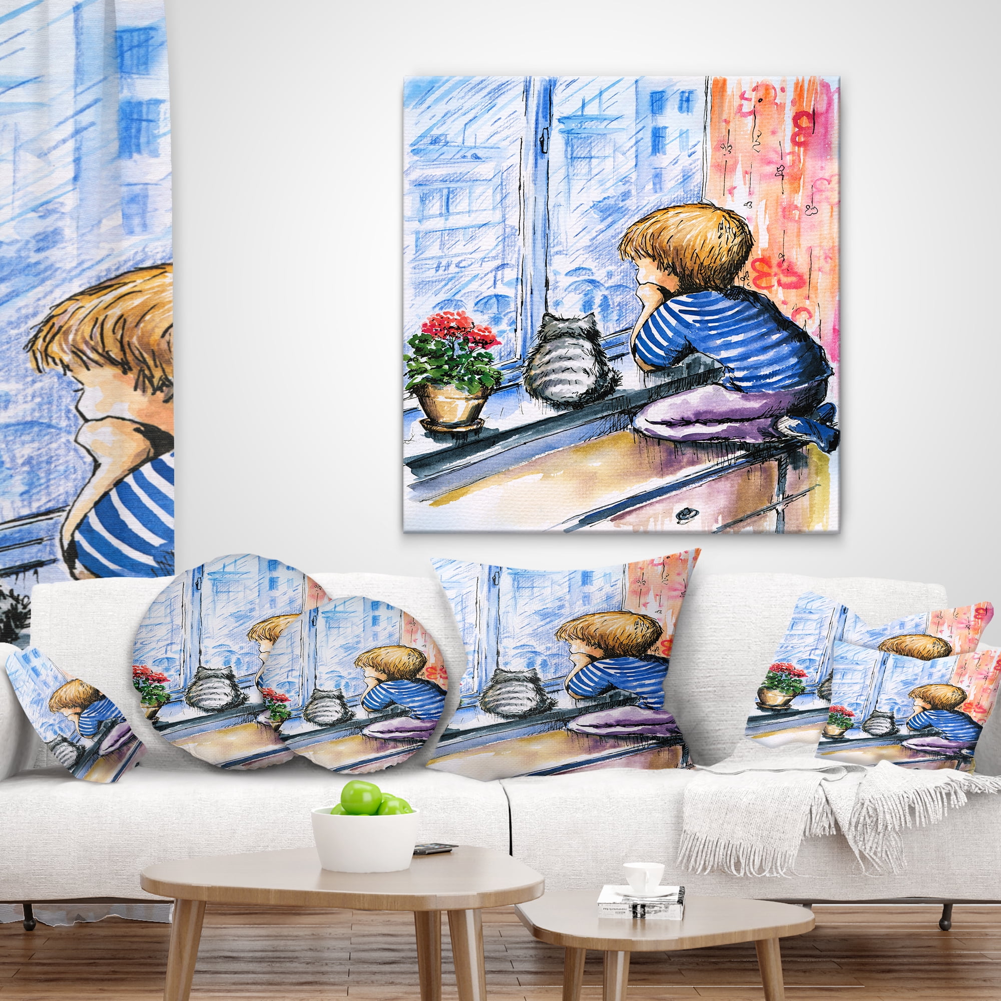 Designart Little Boy and Cat Watching City - Modern Portrait Throw Pillow - 18x18