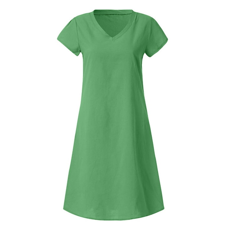 BEEYASO Clearance Summer Dresses for Women Short Sleeve Printed Holiday  Mid-Length A-Line V-Neck Dress Army Green m 