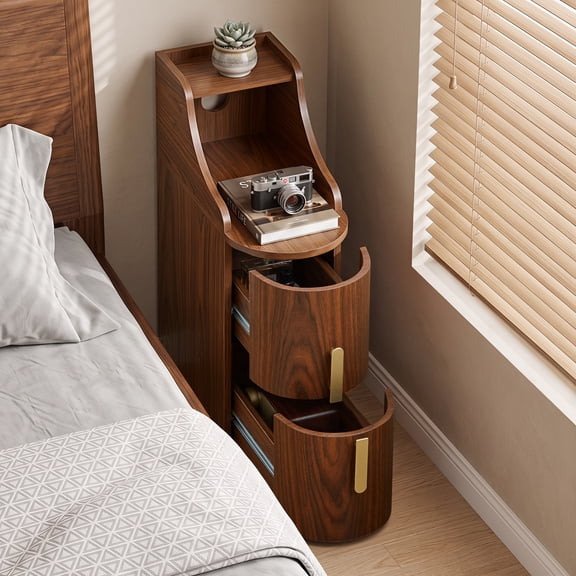 YOCWO Narrow Nightstand with 2 Drawers and Open Shelf, Small Side Table with Curved Front and Gold Handles, Slim Bedside Table for Bedroom, Living Room, or Small Spaces, Walnut Finish