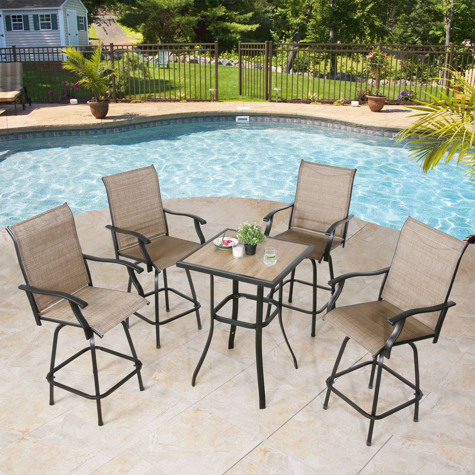 DOMI OUTDOOR LIVING Traditions Cast Aluminum 9-Piece Dining Set with Seat Cushions and 63-Inch Square Dining Table Antique Bronze Finish