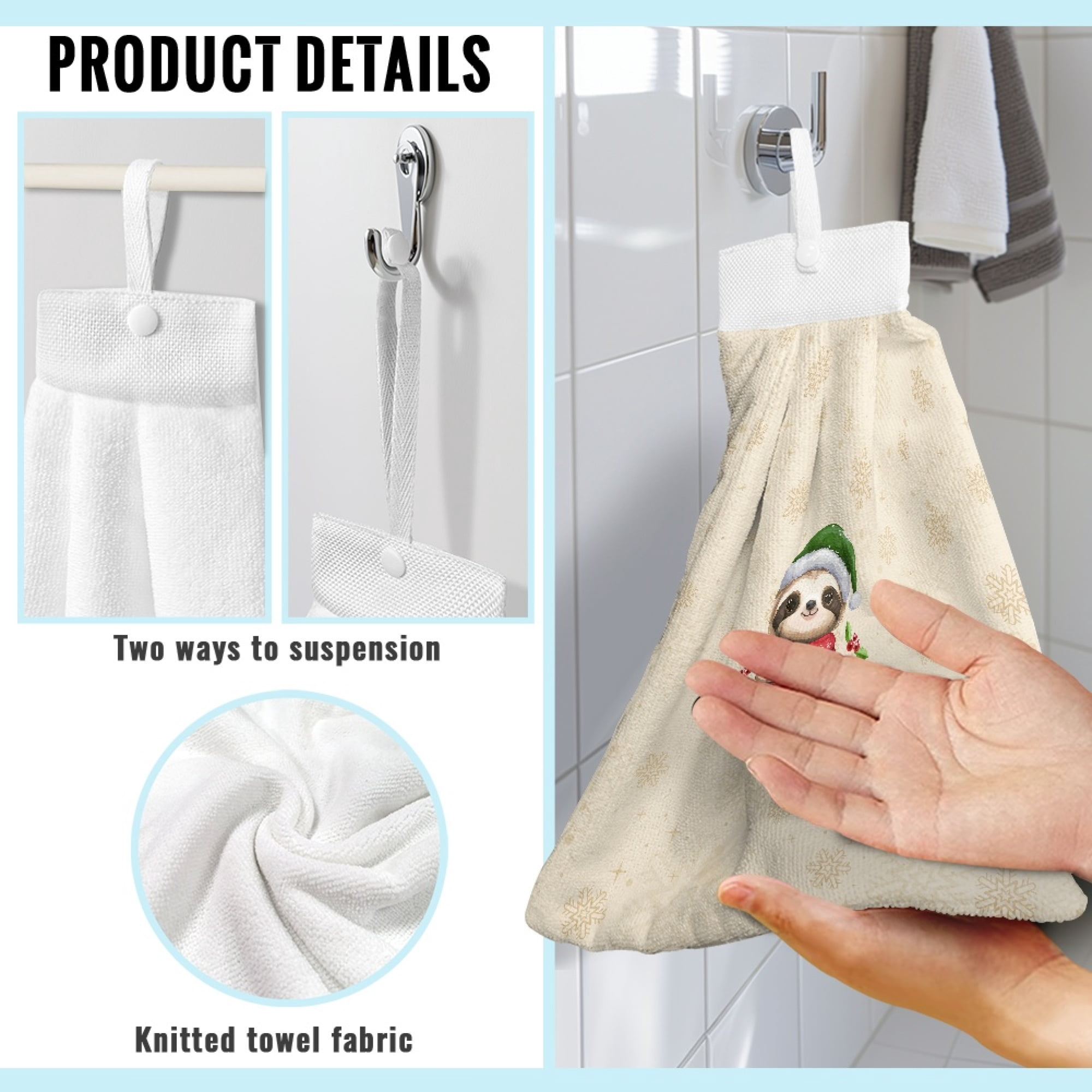 ZIATUBLE Christmas Cloth Hand Towels for Kitchen Snowflakes Hand Towels with Loop Reusable Towels for Kitchen Cleaning Set 3 Piece with Snap Button Hanging Hand Dry Towels Home Decor
