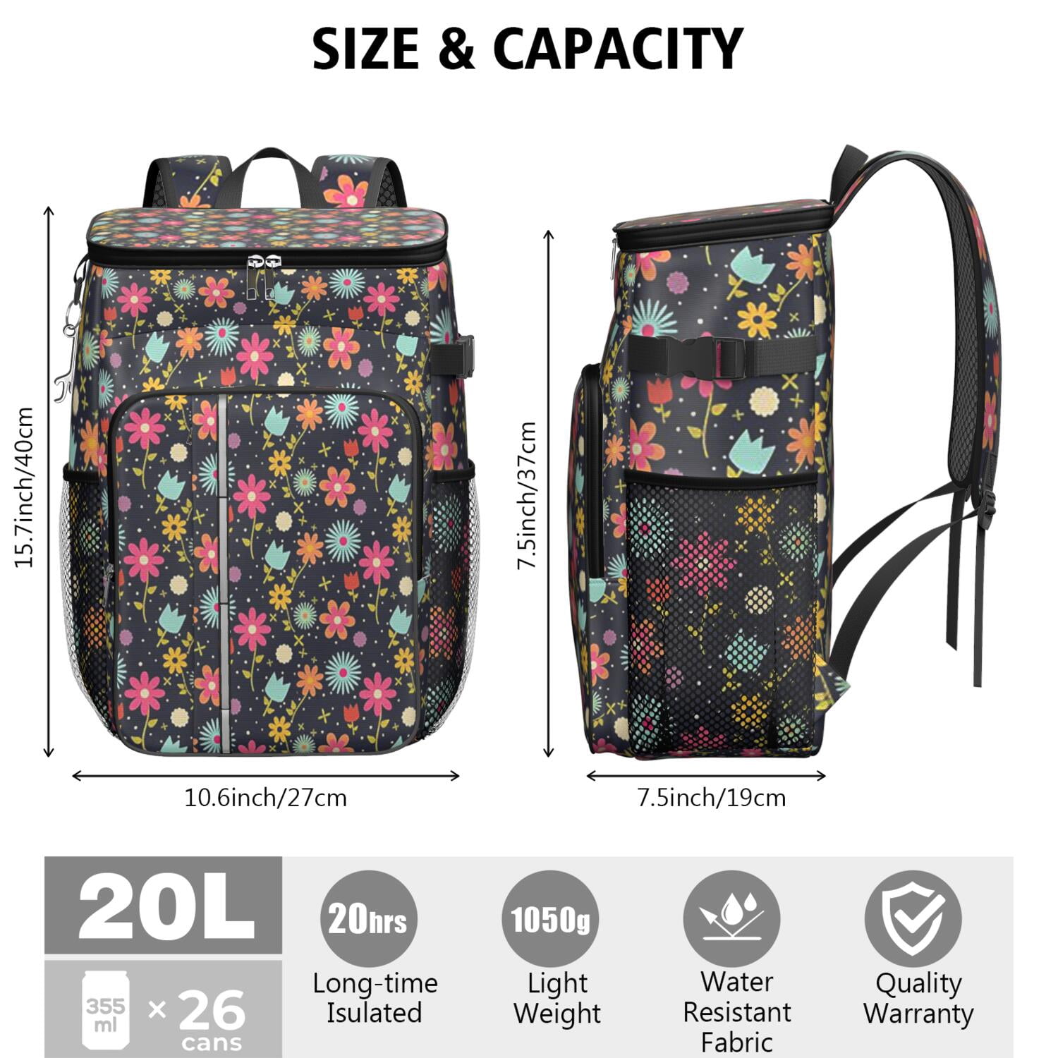 Retro Boho Daisy Floral Insulated Backpack Cooler, Leakproof Waterproof Lunch Bag for Women, Men, Outdoor Work, School, Office, Picnic