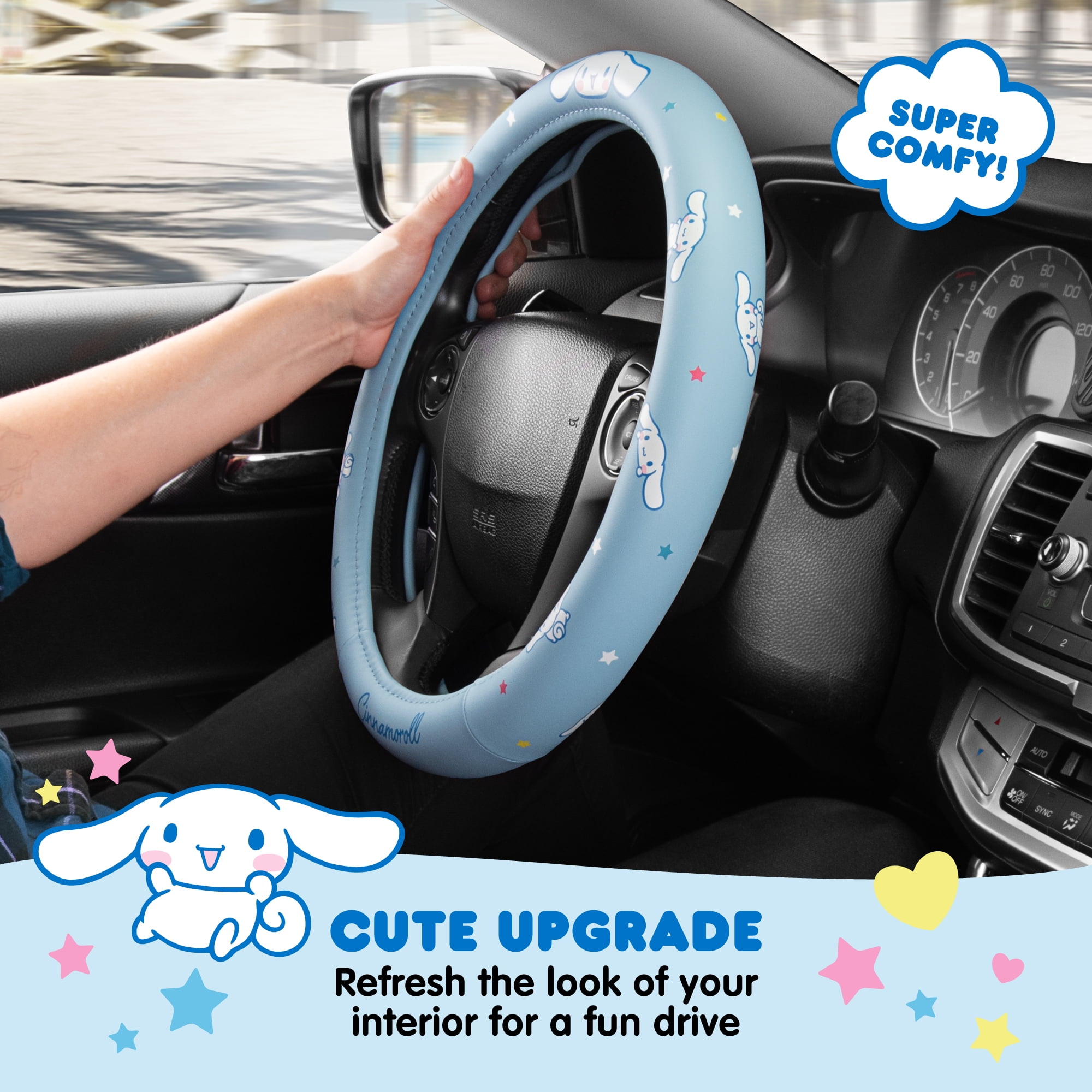 Official Sanrio Hello Kitty Cinnamoroll Steering Wheel Cover with Easy Clip-on Car Air Freshener, Odor Eliminator, Fun Scents