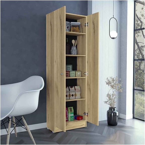 JERFIT 5-Shelf Storage Cabinet with Doors, Freestanding Organizer for Living Room, Bedroom, or Kitchen in Light Oak Finish
