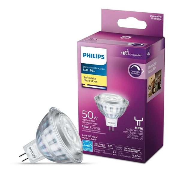 Philips LED MR16 50W Equivalent Reflector Energy Saving Light Bulb, Dimmable Soft White (2700K)