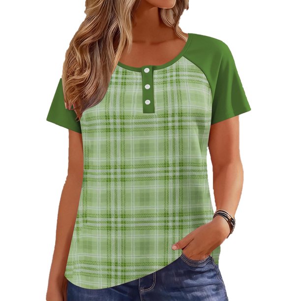 Tops de Manga Corta para las Mujeres Suelto Ajuste a Damas Rayas Impreso Botón Cuello Redondo Top Moda Casual