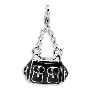 Lex & Lu Sterling Silver 3-D Enameled Black Handbag w/Lobster Clasp Charm